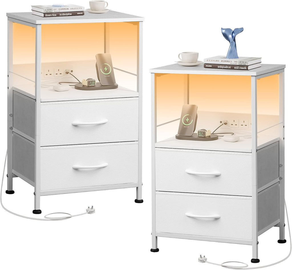 WLIVE White Bedside Table with Drawers, Bedside Cabinet with LED Lights and Charging Station, Side Table for Bedroom, Living Room, Small Spaces (White, 2pcs)