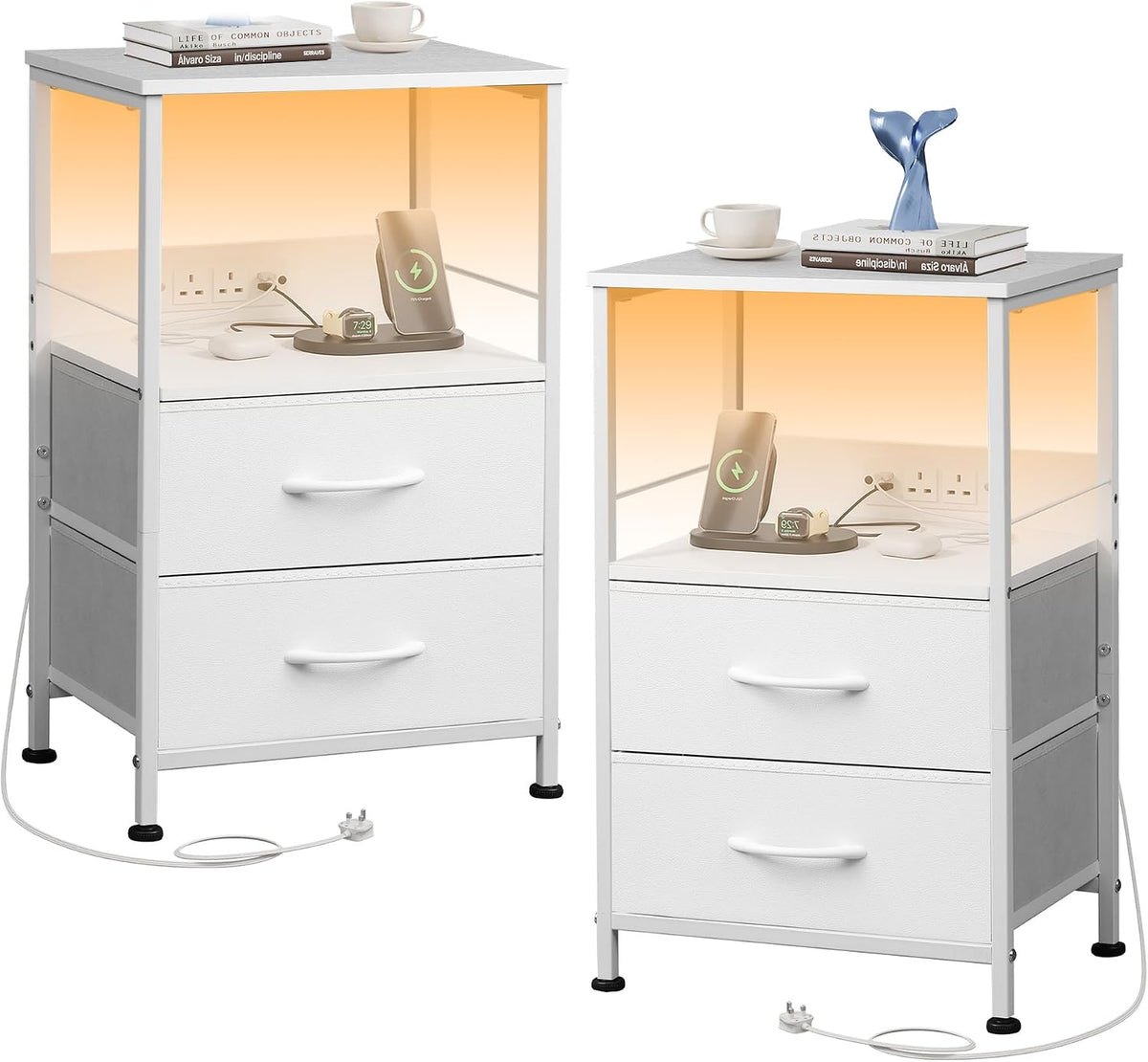 WLIVE White Bedside Table with Drawers, Bedside Cabinet with LED Lights and Charging Station, Side Table for Bedroom, Living Room, Small Spaces (White, 2pcs)