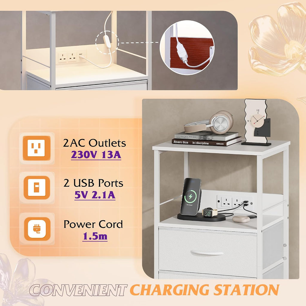 WLIVE White Bedside Table with Drawers, Bedside Cabinet with LED Lights and Charging Station, Side Table for Bedroom, Living Room, Small Spaces (White, 2pcs)