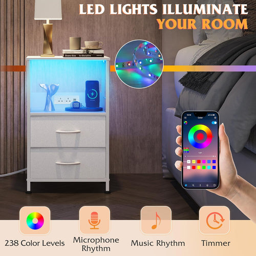 WLIVE White Bedside Table with Drawers, Bedside Cabinet with LED Lights and Charging Station, Side Table for Bedroom, Living Room, Small Spaces (White, 2pcs)