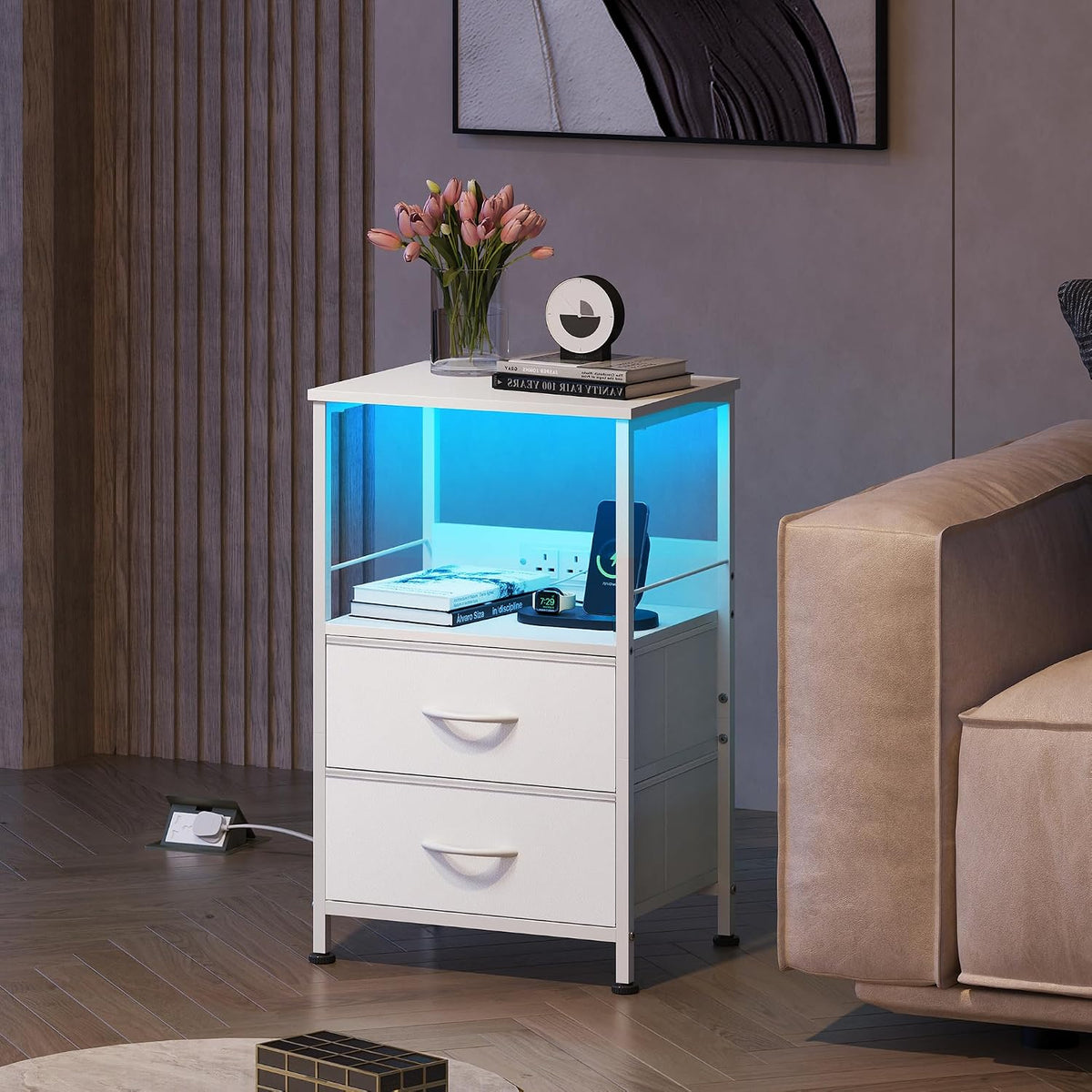 WLIVE White Bedside Table with Drawers, Bedside Cabinet with LED Lights and Charging Station, Side Table for Bedroom, Living Room, Small Spaces (White, 2pcs)